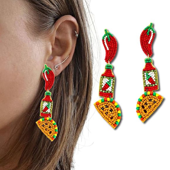 Fiesta Mexican Food Cabo Pepper Hot Sauce Taco Theme Beaded Dangle Earrings NEW - Picture 1 of 1